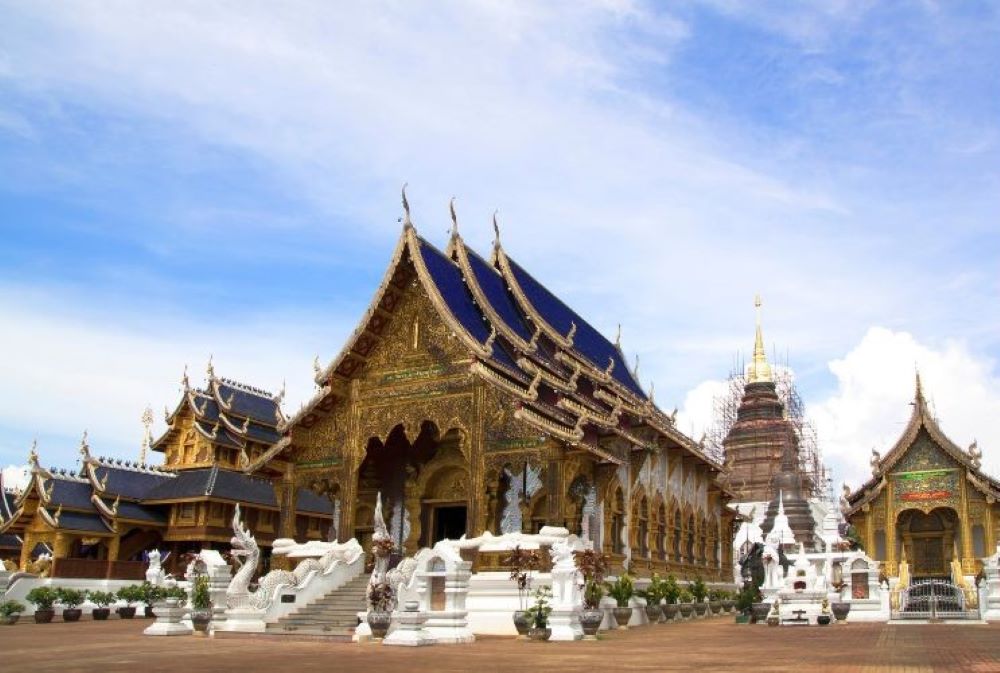 blue roof temple with white stairs- chiang mai temples