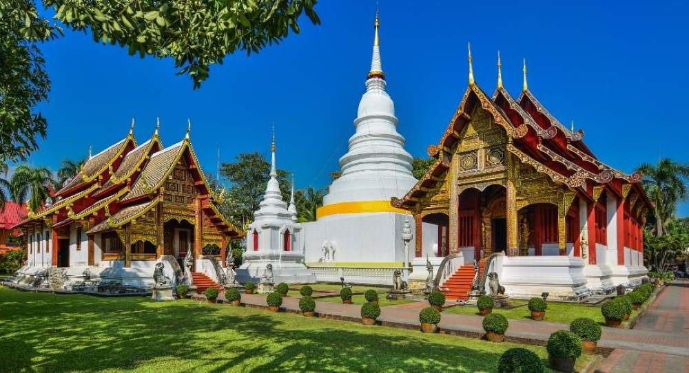 white structure in the middle of two house like temple surrounded by green plants -chiang mai temples