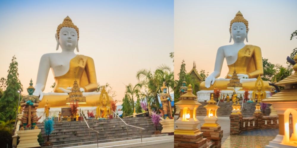 gold and white big statue with stair in front- chiang mai temples