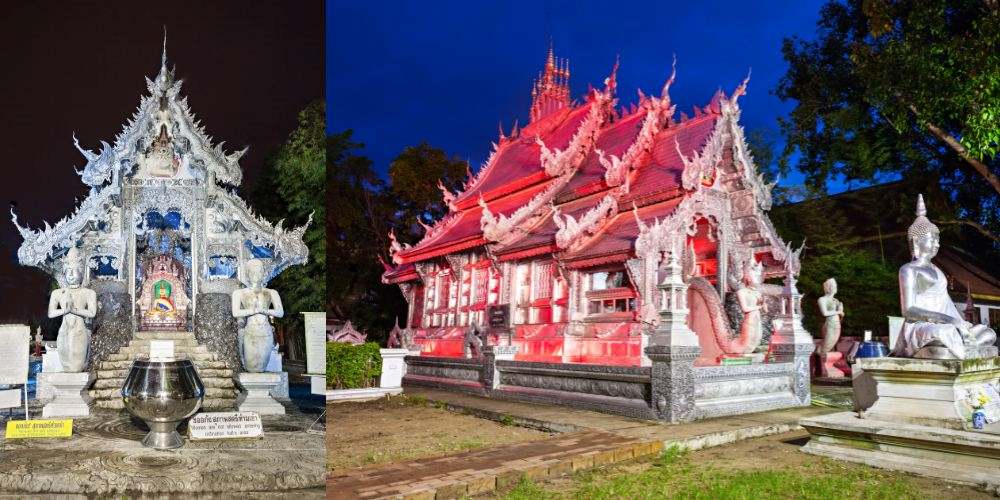 silver temple with silver statue in front and side - chiang mai temples