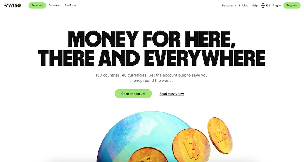 screenshot of Wise landing page- travel budget apps