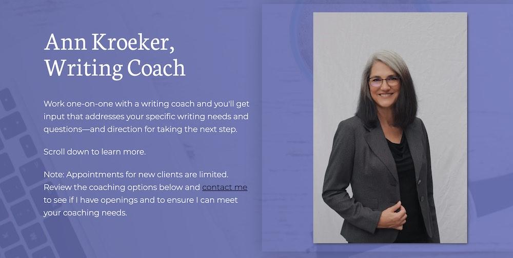 Ann Kroeker witing coach introduction and picture of herself