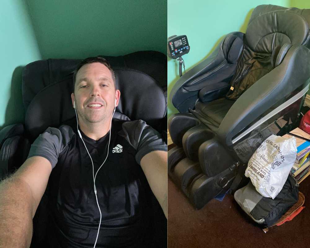 man doing selfie while sitting on a massage chair- how to house sit
