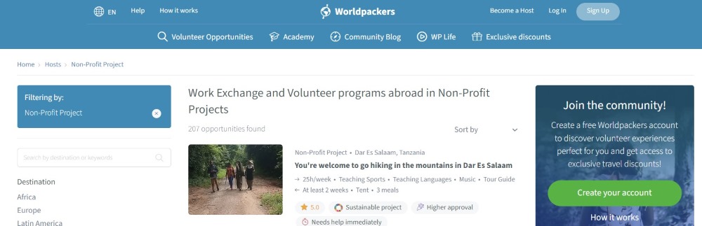 screenshot of worldpackers website