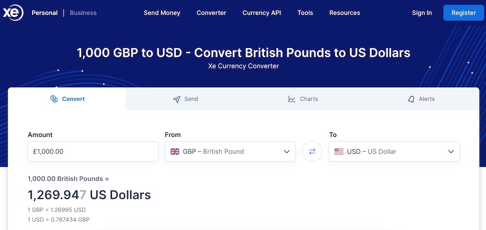 screenshot of XE landing page - travel budget apps