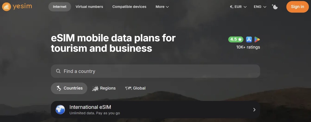 screenshot of Yesim website