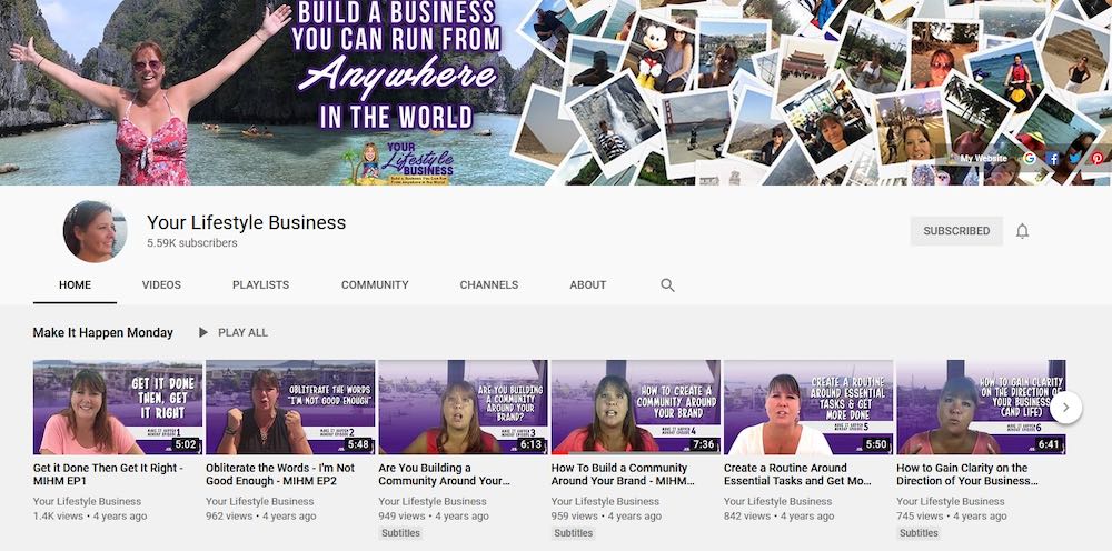 screenshot of your lifestyle business youtube page