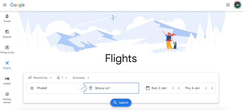 Screenshot of google flights