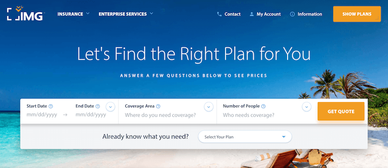 Screenshot of img global website - travel insurance