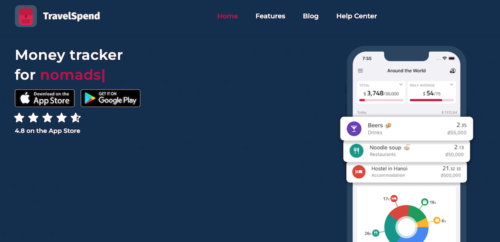 screenshot of travelspend landing page- travel budget apps
